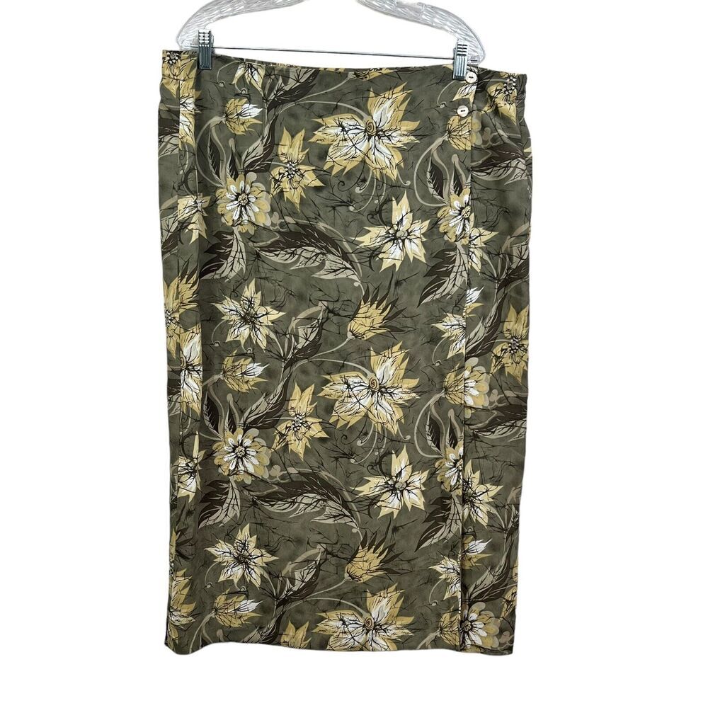 Milano Design Group Womens Maxi Skirt Floral Faux Wrap Button Front Green Sz 1X*